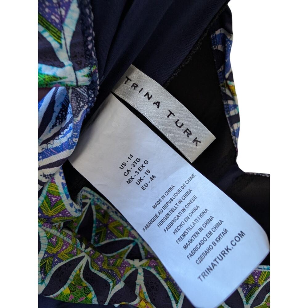 Trina Turk Navy Blue Lotus Batik Bandeau One Piece Swimsuit Size 14 Open Back - Picture 4 of 7